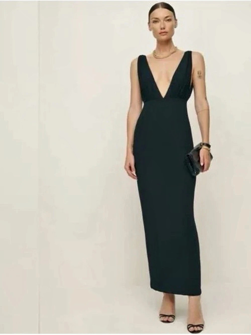 Reformation Siana Dress Black Deep V-Neck Maxi NWT